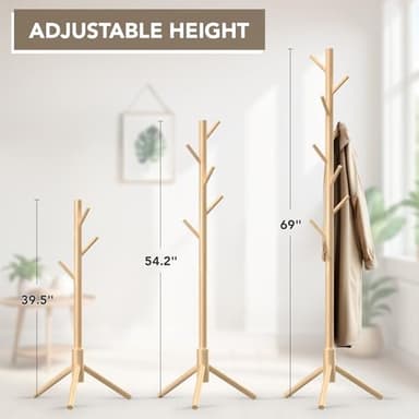 Hupmad Wooden Tree Coat Rack Stand,Sturdy Freestanding Coat Rack with 8 Hooks,3 Adjustable Height for Child Adult,Wood Coat Stand Tree Fits Entryway Bedroom Office for Bags,Hats - Image 3