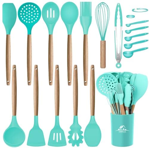 MIBOTE Silicone Cooking Kitchen Utensils Set with Holder, Wooden Handles Cooking Tool BPA Free Turner Tongs Spatula Spoon Kitchen Gadgets Set for Nonstick Cookware (Teal) - Image 1