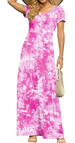 DB MOON Womens 2025 Casual Summer Maxi Dresses Short Sleeve Empire Waist Spring Long Dress with Pockets(Pink Tie Dye, M) - Image 2