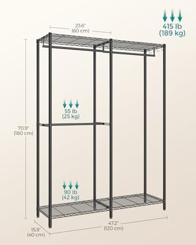 SONGMICS Clothes Rack, Freestanding Wardrobe Closet, Metal Clothing Racks, Heavy-Duty Garment Rack with Adjustable Shelves, Hanging Rods, Dividable, 15.8 x 47.2 x 70.9 Inches, Ink Black ULGR423B01 - Image 6