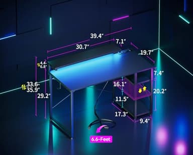 MOTPK 40 Inch Small Gaming Desk with Storage & Led Lights, Computer Desk with Power Outlet & Shelf, Reversible Gamer Desk with Adjustable Monitor Stand, Carbon Fiber Texture Black - Image 3