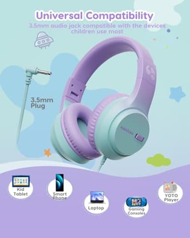 Kids Headphones with Cord for School, 74/85/94dB Volume Limit, Wired Over-Ear Headphones for Kids Boys Girls, Stereo Sound 3.5mm Jack for Tablet, Kindle, YOTO Player, Airplane Travel, Purple Green - Image 4