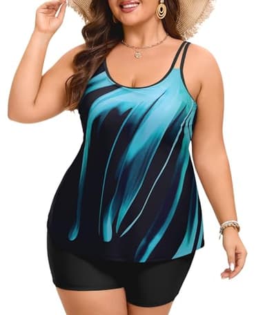 Plus Size Tankini Sun Protect Long Torso Tankini Sets Swimsuits for Women Blue Oblique Stripes Swimsuit 20W - Image 4