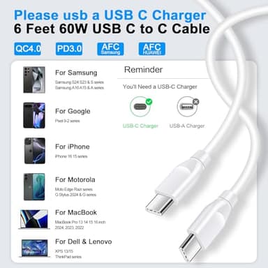Compatible for iPhone 16e Charger Cable Fast Charging, 2 Pack 6ft 60W USB C to USB C Cable Long Car Power Cord Android Charger Phone for iPhone 16 Pro Max,16 Pro 16 Plus,16,15 Pro Max,15 Plus Pro,15 - Image 6