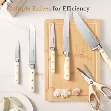Knife Set,Astercook Kitchen Knife Set with Block 14-Piece Full Tang Stainless Steel Knives with Sharpener Dishwasher Safe and Anti-Slip Ergonomic Handle Elegant Cream White Utensils Set - Image 7
