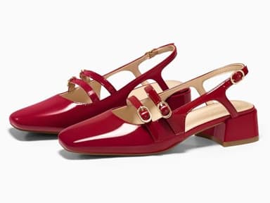 Coutgo Womens Mary Jane Chunky Low Heels Slingback Pumps Closed Square Toe Wedding Dress Shoes, Red, Size 7.5 - Image 4