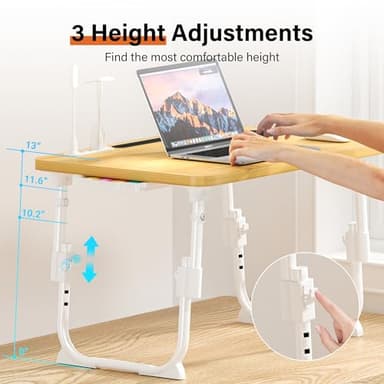DECOSIS Laptop Bed Desk Height Adjustable, Bed Laptop Table with USB/Storage Drawer/Cup Holder/Tablet Stand/Book Shelf, Foldable Breakfast Tray Portable for Reading Writing, Bed, Sofa & Floor, Wood - Image 2