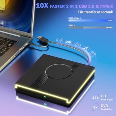 RGB External CD/DVD Drive for Laptop, External CD Drive USB 3.0 Type-C Portable DVD Player, CD Burner +/-RW Optical Drive, Slim CD ROM External Drive for Laptop Desktop PC Windows Mac (Black) - Image 7