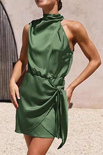PRETTYGARDEN Women's Short Formal Satin Dress Summer Sleeveless Mock Neck Tie Waist Cocktail Party Dresses (Army Green,Small) - Image 4