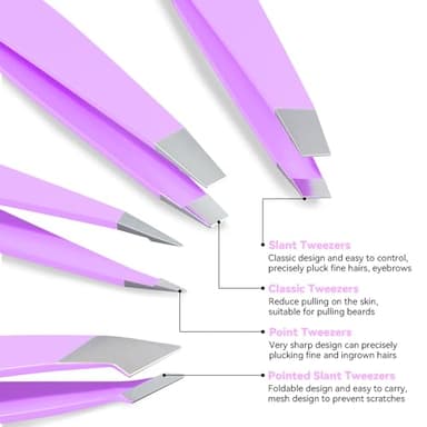 FACEMADE 4 Pack Tweezers Set - Professional Stainless Steel for Men and Women, Precision Eyebrow Facial Hair, Chin, Ingrown Hair Removal (Purple) (T4) - Image 3