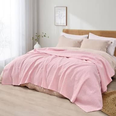 PHF Pre-Washed Cotton Waffle Weave Blanket King Size for Bed,Snag Proof Throw Blanket for Couch Spring Summer Lightweight Breathable,Oeko-TEX Certified,Machine Washable, Home Decor Gift，Pink - Image 9