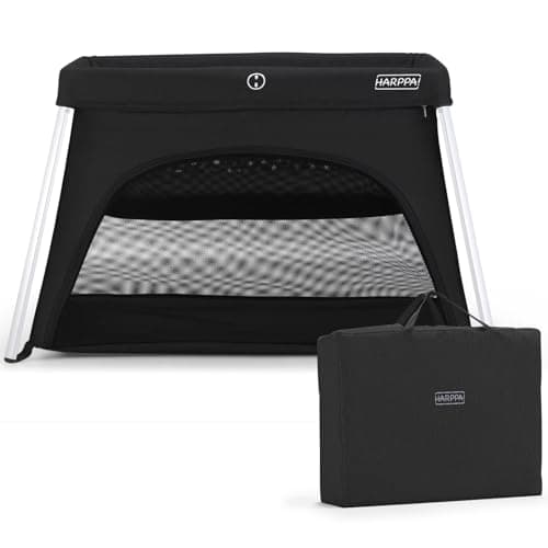 HARPPA Travel Crib with Comfy Mattress, Lightweight Portable Crib Requires No Assembly, Foldable Pack and Play for Baby and Toddlers, Compact Play Yard with Bed,Black - Image 1