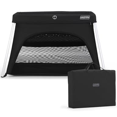 HARPPA Travel Crib with Comfy Mattress, Lightweight Portable Crib Requires No Assembly, Foldable Pack and Play for Baby and Toddlers, Compact Play Yard with Bed,Black - Image 1