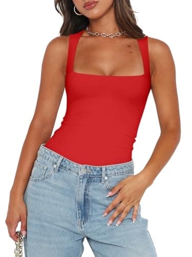 REORIA Womens Summer Sexy Sleeveless Square Neck Double Lined Going Out Cute Thong Bodysuit Tank Tops Flame Scarlet X-Small - Image 2