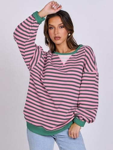 ANRABESS Women Striped Sweatshirts Oversized Crewneck Long Sleeve Shirts Y2K Pullover Top 2025 Fall Outfits Fashion Clothes Grey Pink X-Large - Image 4