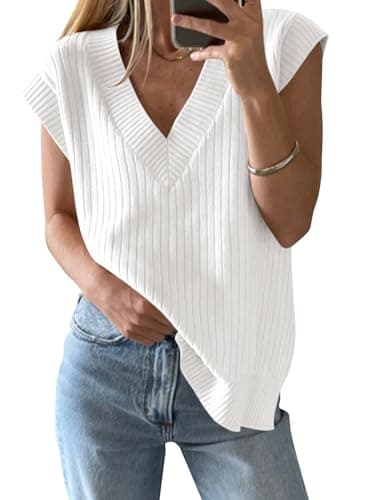 Saodimallsu Womens V Neck Sweater Vest Oversized Ribbed Knit Sleeveless Casual Loose Fit Pullover Tank Top White - Image 1