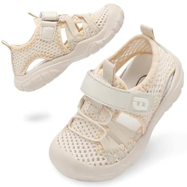 JOINFREE Girls Water Shoes Breathable Sandals Lightweight Sneakers Quick Dry Closed-Toe Aquatic Sport Beach Sandals Toddler/Little Kid 11 Toddler Mesh Beige - Image 1