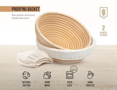 Banneton Bread Proofing Basket, Kook, Sourdough Proofing Bread Basket, Bread Banneton Proofing, Artisan Sourdough Making Baskets, 9 Inch Rattan Baskets and Cloth Liners, Set of 2, Round - Image 6