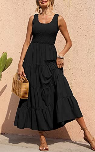 PRETTYGARDEN Women's Casual Loose Plain Maxi Sundress Smocked Tank Dress Sleeveless Summer Beach Tiered Long Dresses (Black,Small) - Image 3