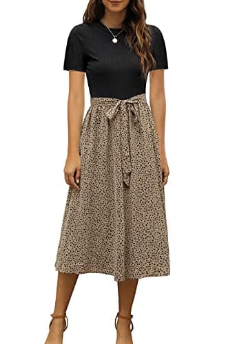 Zattcas Women 2025 Summer Dress Short Sleeve Ribbed Teacher Church Modest Casual Business Work Outfits Midi Dress with Pockets Black M - Image 1