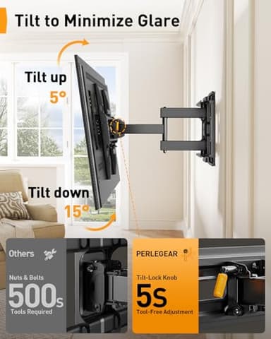 Perlegear Full Motion TV Mount for 32-65 Inch TVs up to 99 lbs, Max VESA 400x400mm, Fits 16”/12” Wood Studs, Height Adjustable Pre-Assembled TV Wall Mount, Tool-Free Tilt, Swivel & Extension, PGMF21 - Image 7