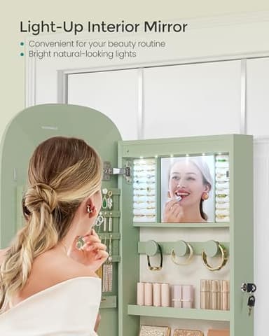 SONGMICS Jewelry Organizer, LED Jewelry Cabinet Wall/Door Mounted, Lockable Rounded Wide Mirror with Storage, Interior Mirror, 3.9 x 16.5 x 42.5 Inches, Laurel Green Surface with Cream White Lining - Image 6