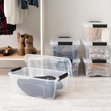 IRIS USA 13 Qt Stackable Plastic Storage Bins with Lids, 6 Pack - BPA-Free, Made in USA - See-Through Organizing Solution, Latches, Durable Nestable Containers, Secure Pull Handle - Clear - Image 5