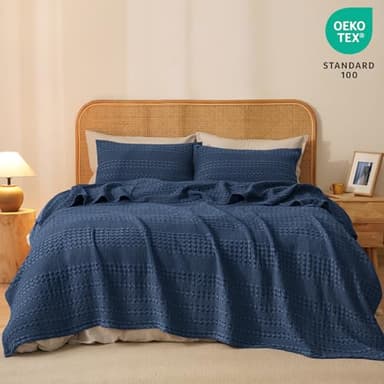 PHF 100% Cotton Waffle Weave Blanket King Size for Bed, Soft Lightweight & Breathable, All-Season Comfort, Luxury Aesthetic Woven Bedding for Home Decor, 108"x90", Bright Navy Blue - Image 5