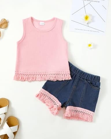 Mikrdoo Baby Girls Clothes Toddler Girl Summer Outfits Cute Tassel Hem Sleeveless Infant Tank Tops Ripped Denim Shorts Set Pink 3-4T - Image 2