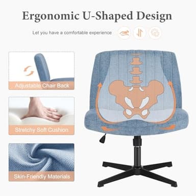 Sweetcrispy Criss Cross Chair Legged, Armless Office Wide Desk Chair No Wheels, Swivel Vanity Height Adjustable Fabric Modern Computer Task Seating for Home - Blue - Image 4