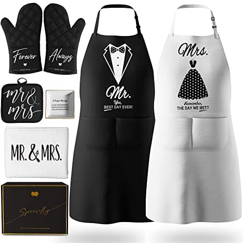 Mr and Mrs Aprons for Couples Gifts - Anniversary, Bridal Shower, Wedding, Engagement gifts for Couples, Christmas Gifts for Couple, His and Her Gifts, 8 Pack Kitchen Cooking Apron Gift Set - Image 1