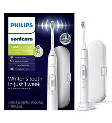 PHILIPS Sonicare ProtectiveClean 6100 Rechargeable Electric Toothbrush, with Pressure Sensor, 3 Cleaning Modes, SmarTimer and QuadPacer, 14-Day Battery Life, Travel Case, White, Model HX6877/21 - Image 1