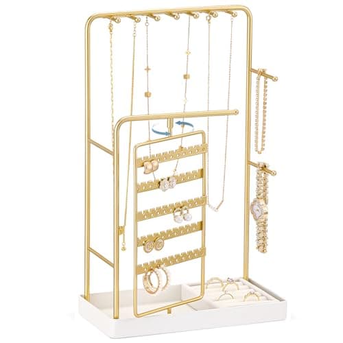 Lolalet Jewelry Stand Organizer, Room Dorm Decor Display Storage with Rotating Earring Holder Hanger and Removable Ring Tray for Necklace Bracelet Bangles Watches Studs -Gold - Image 1