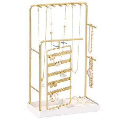 Lolalet Jewelry Stand Organizer, Room Dorm Decor Display Storage with Rotating Earring Holder Hanger and Removable Ring Tray for Necklace Bracelet Bangles Watches Studs -Gold - Image 1