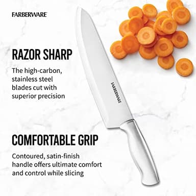 FARBERWARE 15-Piece Kitchen Knife Set with High-Carbon Stainless Steel Blades, Black Handles, Steak Knives, Wood Block, Razor Sharp and Ergonomic - Image 3