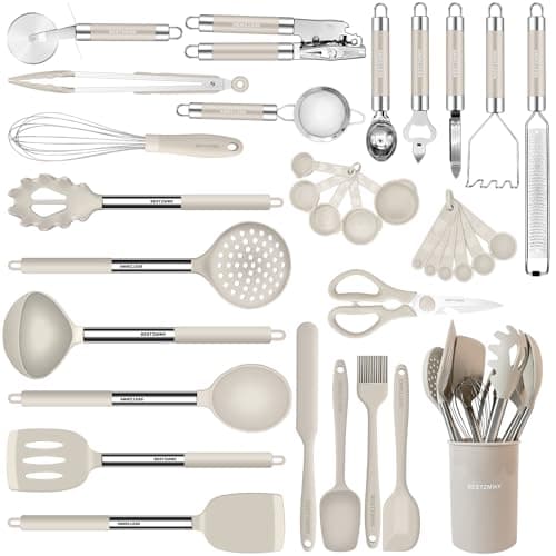 Kitchen Utensils Set-Silicone Cooking Utensils-33pcs Non-Stick Silicone Cooking Kitchen Utensils Spatula Set with Holder-Best Kitchen Cookware with Stainless Steel Handle (Khaki) - Image 1