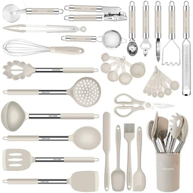 Kitchen Utensils Set-Silicone Cooking Utensils-33pcs Non-Stick Silicone Cooking Kitchen Utensils Spatula Set with Holder-Best Kitchen Cookware with Stainless Steel Handle (Khaki) - Image 1