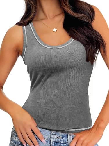 GKBK Women Ribbed Tank Top Sleeveless Casual Crew Neck Long Tank Fitted Strap Slim Basic Cami Tops Gray L - Image 1