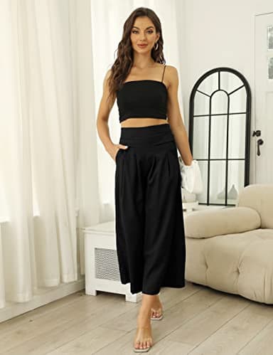 Hooever Women's Cotton Linen Culottes Pants Elastic Waist Wide Leg Palazzo Trousers Capri Pant (Black-XL) - Image 2