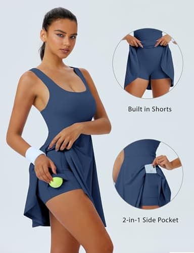 TQD Women's Athletic Tennis Dress with Built in Shorts and Bra Square Neck Exercise Workout Active Sport Dress with Shorts Underneath and Pockets Golf Dresses Outfits for Women Trendy 2025 Navy M - Image 3
