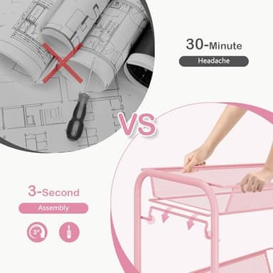TOOLF 4 Tier Rolling Utility Cart - Durable Metal Design Pink Utility Cart, Storage Trolley on Wheels with 3 Hooks, Perfect for Kitchen, Bathroom & Laundry Room Organization - Image 3