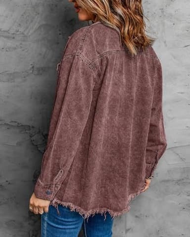 Vetinee Women's Oversized Boyfriend Brown Stone Front Button Up Frayed Raw Hem Long Sleeve Pockets Denim Jean Jacket Shacket Large Size 12 Size 14 - Image 2