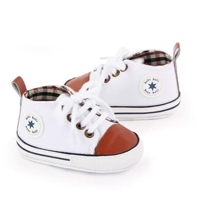 KKIIDDSS Unisex Baby Girls Boys Canvas High-top Shoes, Newborn Infant Anti-Slip Soft Sole Frist Walking Breathable Sneakers (A01 White_Brown,6-12 Months) - Image 4