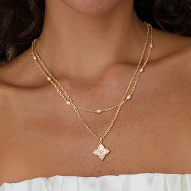 Fettero Gold Clover Necklace for Women Dainty 14K Gold Plated CZ Pendant Necklace Charm Colorful Clover Pendant Lucky Necklaces for Women Jewelry - White Mother of Pearl - Image 2