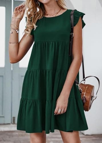KIRUNDO Women's Summer Mini Dress Sleeveless Ruffle Sleeve Round Neck Solid Color Loose Fit Short Flowy Pleated Dresses (Dark Green, Large) - Image 4
