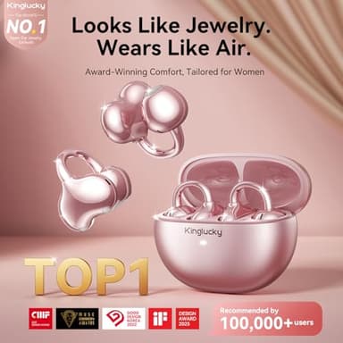 Kinglucky Jewelry-Inspired Clip-On Earbuds with Butterfly Earrings, Comfortable Fit & 50H Playtime Open Ear Bluetooth 5.4 Wireless Headphones for Women Gifts, Small Ears, Sports & Workouts (Rose Gold) - Image 3