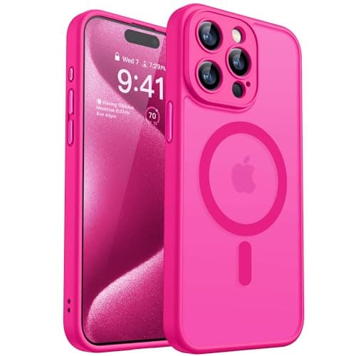 CANSHN Magnetic Compatible with iPhone 15 Pro Max Case, Upgraded [Full Camera Protection] [Compatible with Magsafe] [Translucent Matte] Shockproof Protective Phone Case Cover 6.7 Inch - Hot Pink - Image 1
