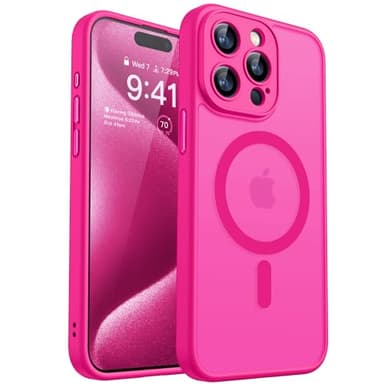 CANSHN Magnetic Compatible with iPhone 15 Pro Max Case, Upgraded [Full Camera Protection] [Compatible with Magsafe] [Translucent Matte] Shockproof Protective Phone Case Cover 6.7 Inch - Hot Pink - Image 1