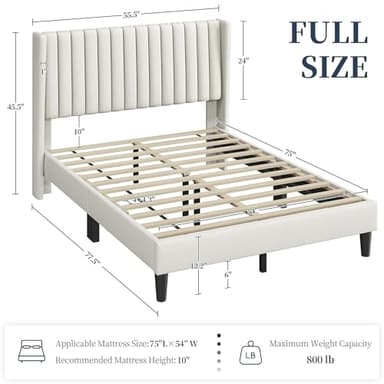 Yaheetech Full Bed Frame Upholstered Platform Bed with Fabric Headboard, Wing Edge Design/Non-Slip and Noise-Free/Wooden Slats Support/No Box Spring Needed/Easy Assembly, Ivory Full Bed - Image 2