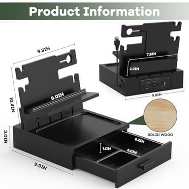 Nightstand Organizer with Charging Station, Wood Docking Station with USB Ports and Outlets, Gifts for Men, Bedside Holder with Drawer for Kindle,Phone,Key, Watch & Accessories (Classic Black) - Image 4